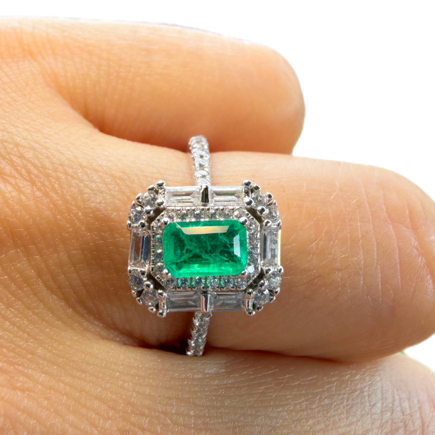 Sterling Silver 925 Rodium-Plated Lab Emerald Ring with Zircons