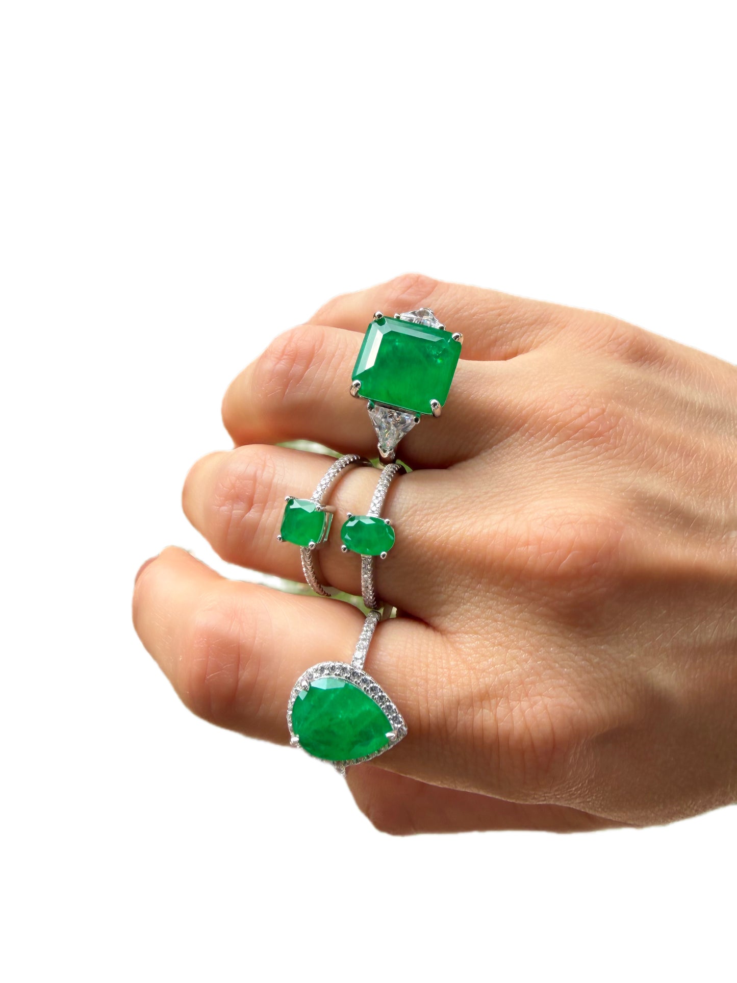 Rhodium-Plated 925 Sterling Silver Lab-Created Emerald Ring
