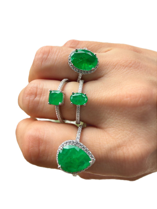 Anillo Esmeralda de Laboratorio Gota Plata Esterlina 925 Rodinada