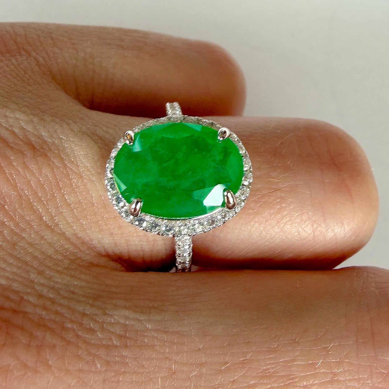 Oval lab emerald ring, Rhodium-plated 925 Silver, zircon bezel