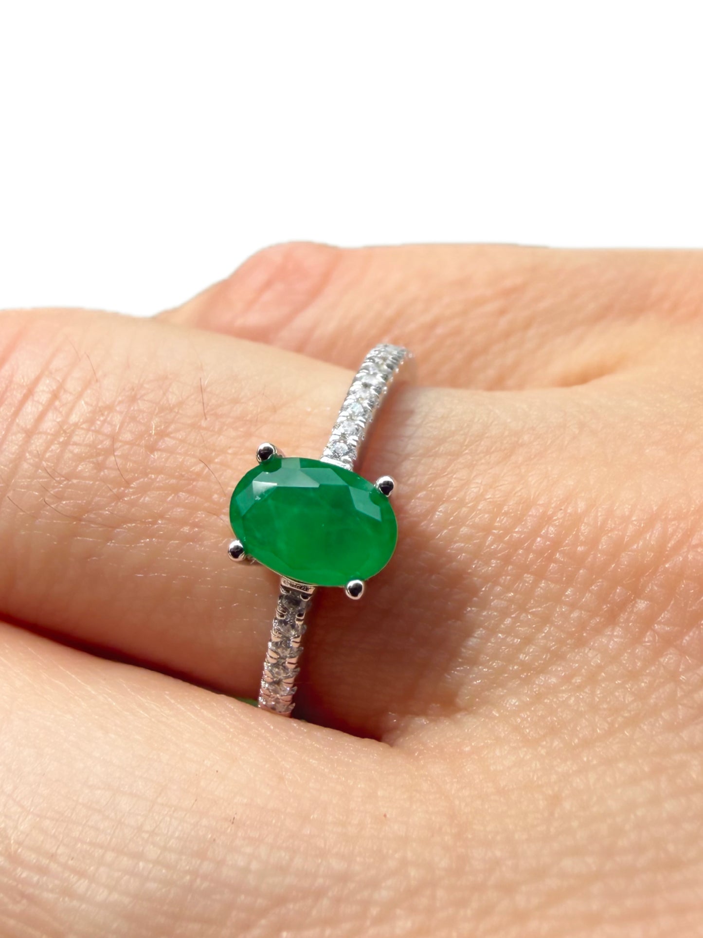 Oval Lab Emerald Ring Sterling Silver 925 Rhodium Plated