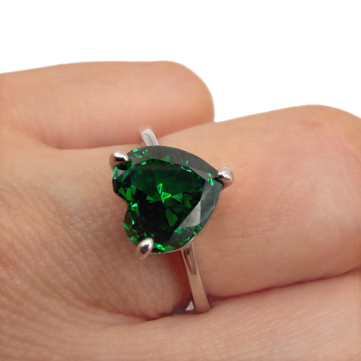 Emerald Zircon Heart Ring Sterling Silver 925 Rhodium Plated