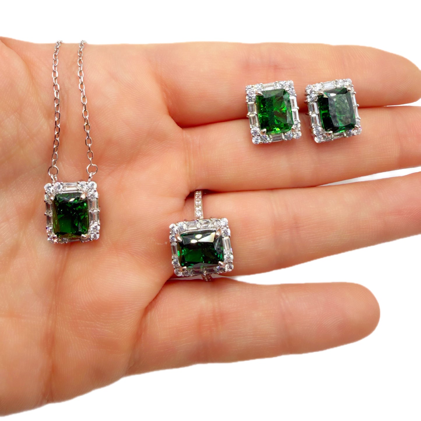 Rhodium-Plated 925 Sterling Silver Rectangular Emerald Zircon Chain