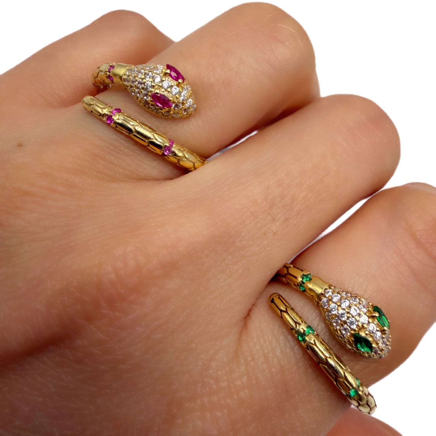 Anillo Serpiente Plata 925 Enchape Oro 18kts Circones Esmeralda y Blanco