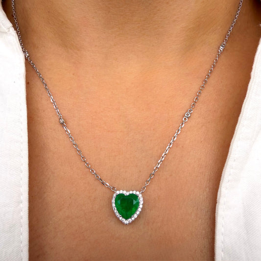 Cadena Esmeralda de laboratorio Corazón Plata Esterlina 925 Rodinada Bisel Circones