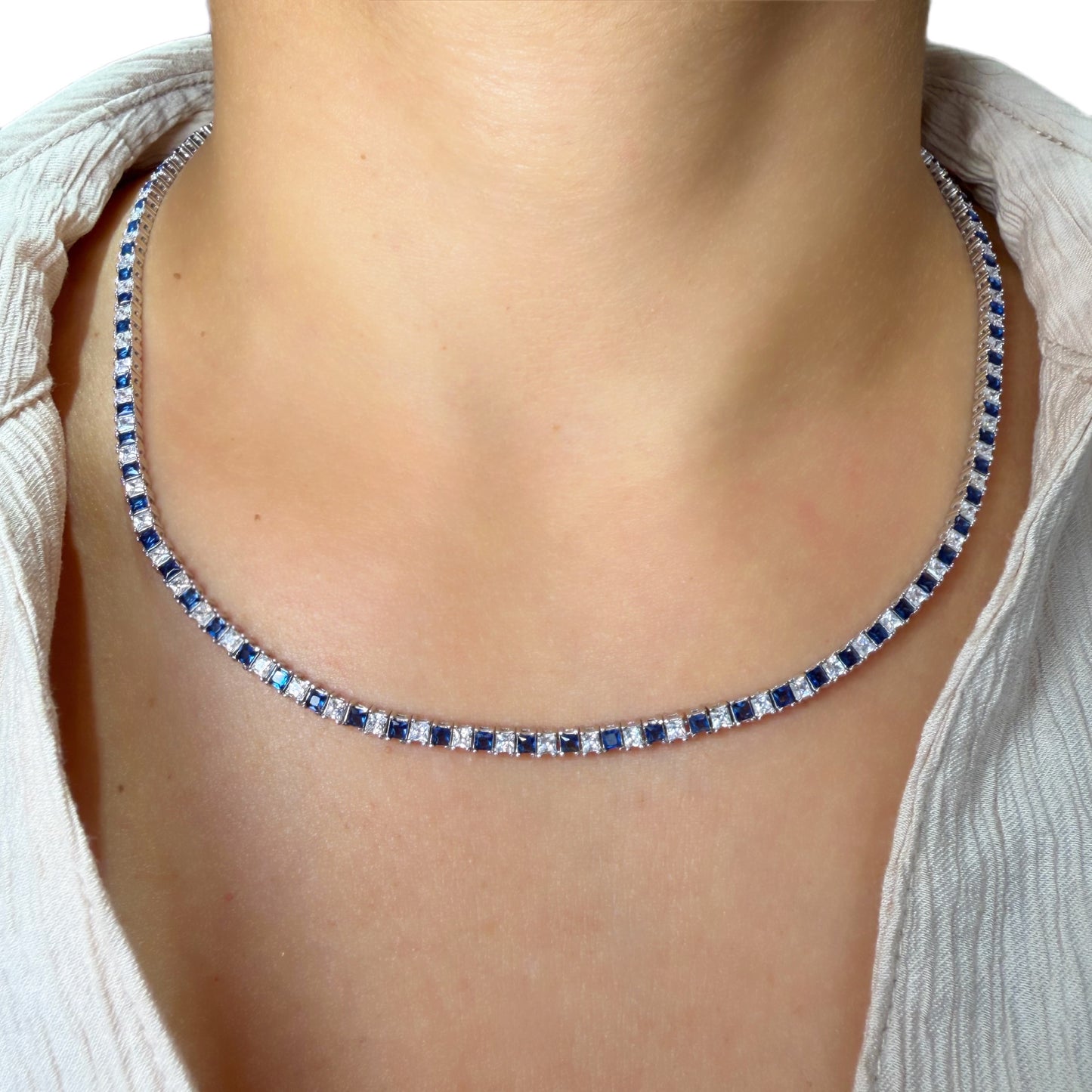 Rhodium-Plated 925 Sterling Silver Tennis Choker with White and Blue Cubic Zirconia