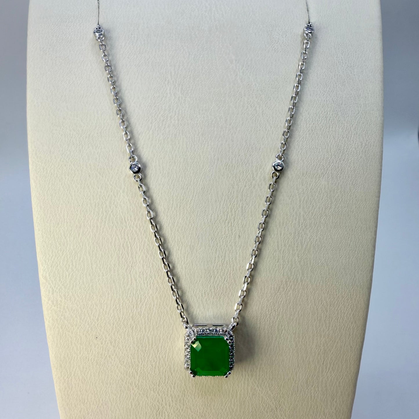 Lab-Created Emerald Square Chain with Zircons in Rhodium-Plated 925 Italian Silver