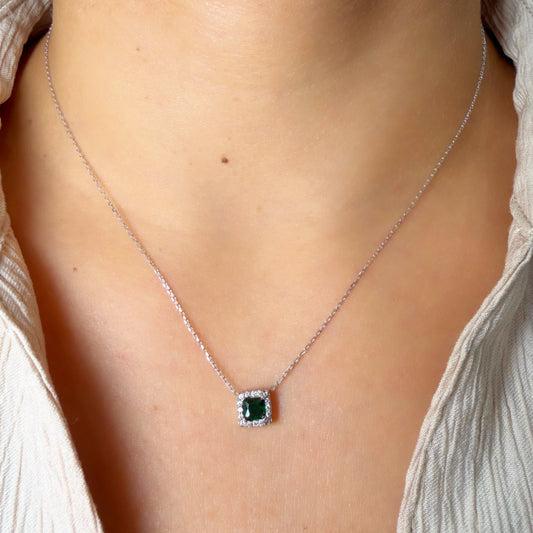 Cadena Punto de Luz Cuadrado en Plata 925 con Circon Color Esmeralda