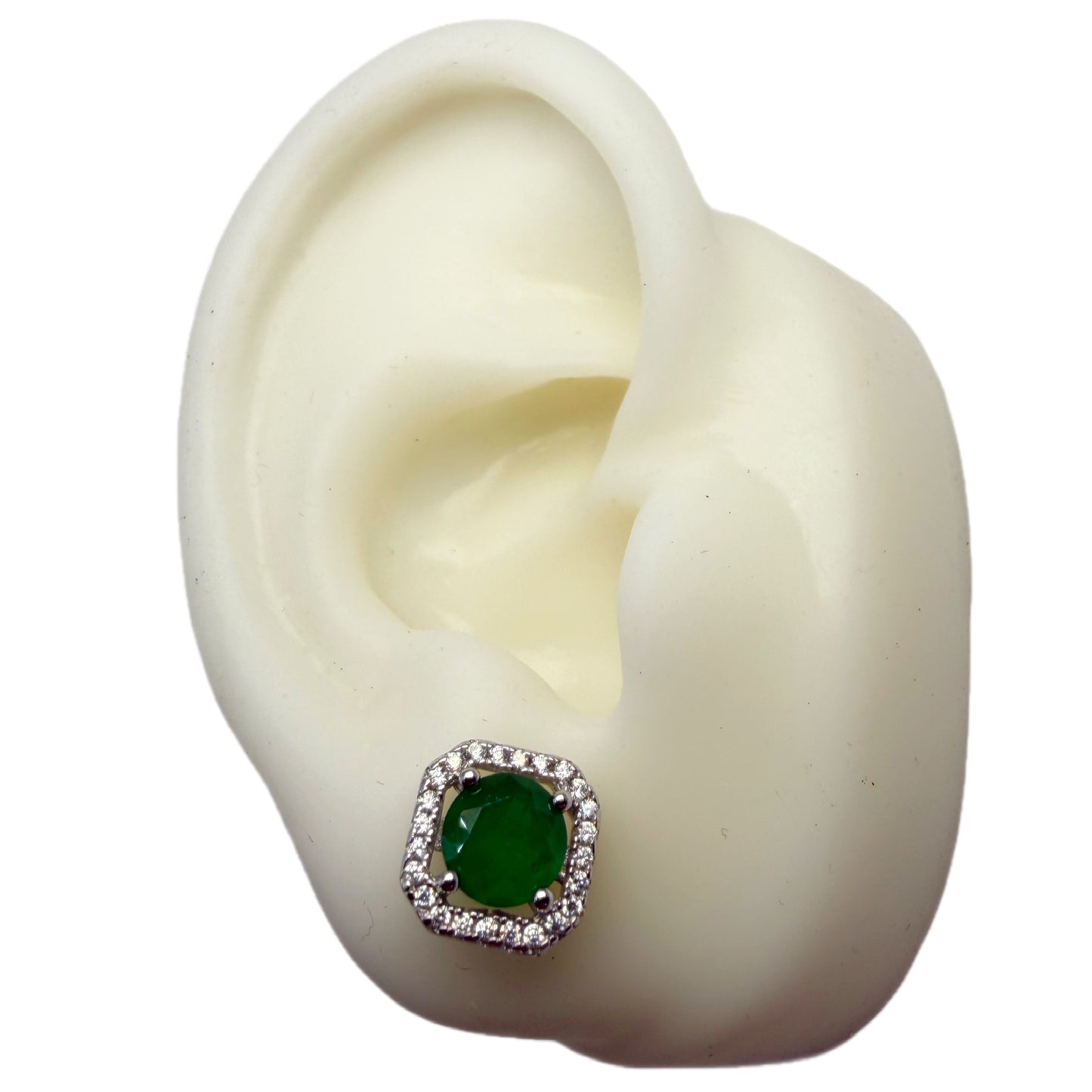 Lab-grown emerald earrings, bezel-set cubic zircons, rhodium-plated 925 silver