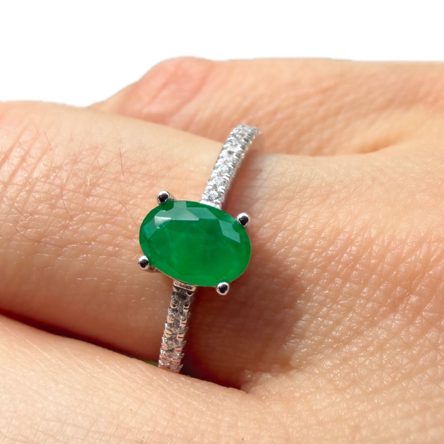 Oval Lab Emerald Ring Sterling Silver 925 Rhodium Plated