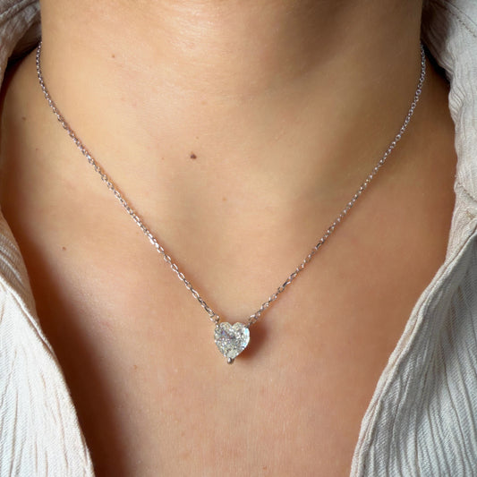 Cadena Corazón en Plata 925 Rodiada con Moissanita de Laboratorio