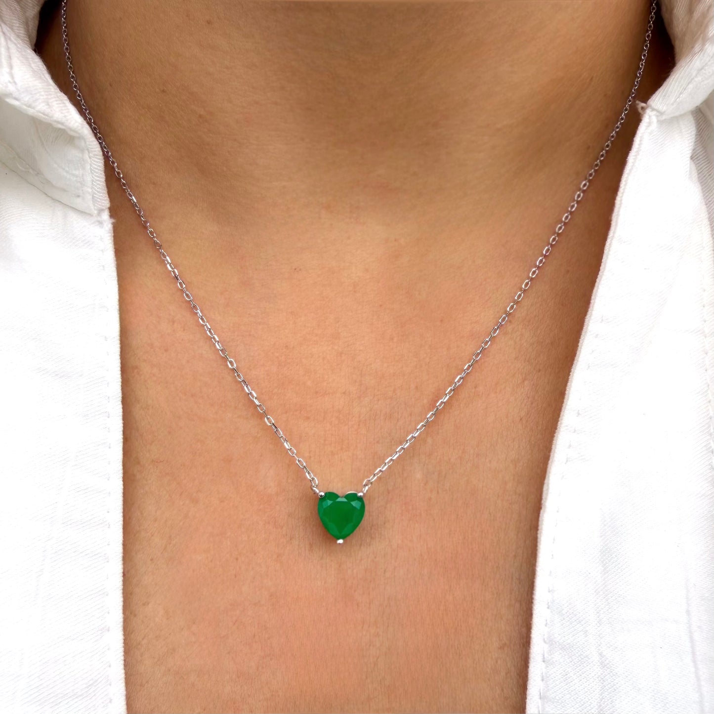 Cadena Esmeralda de Laboratorio Corazón Pequeño Plata Esterlina 925 Rodinada