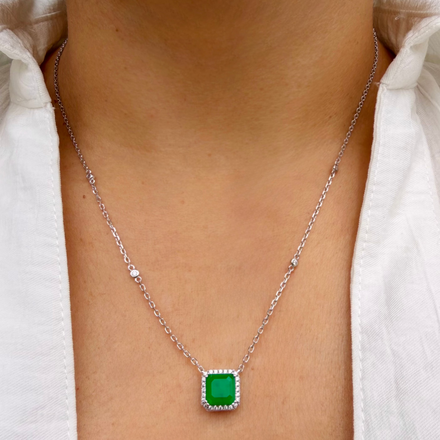 Lab-Created Emerald Square Chain with Zircons in Rhodium-Plated 925 Italian Silver