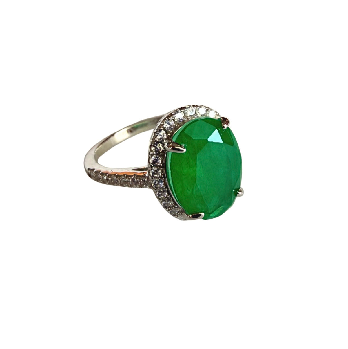 Oval lab emerald ring, Rhodium-plated 925 Silver, zircon bezel