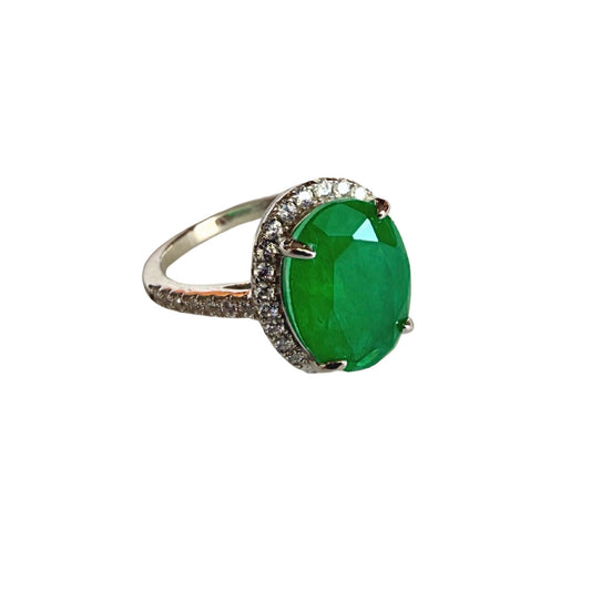 Anillo esmeralda de laboratorio ovalada, Plata 925 Rodinada, bisel circones