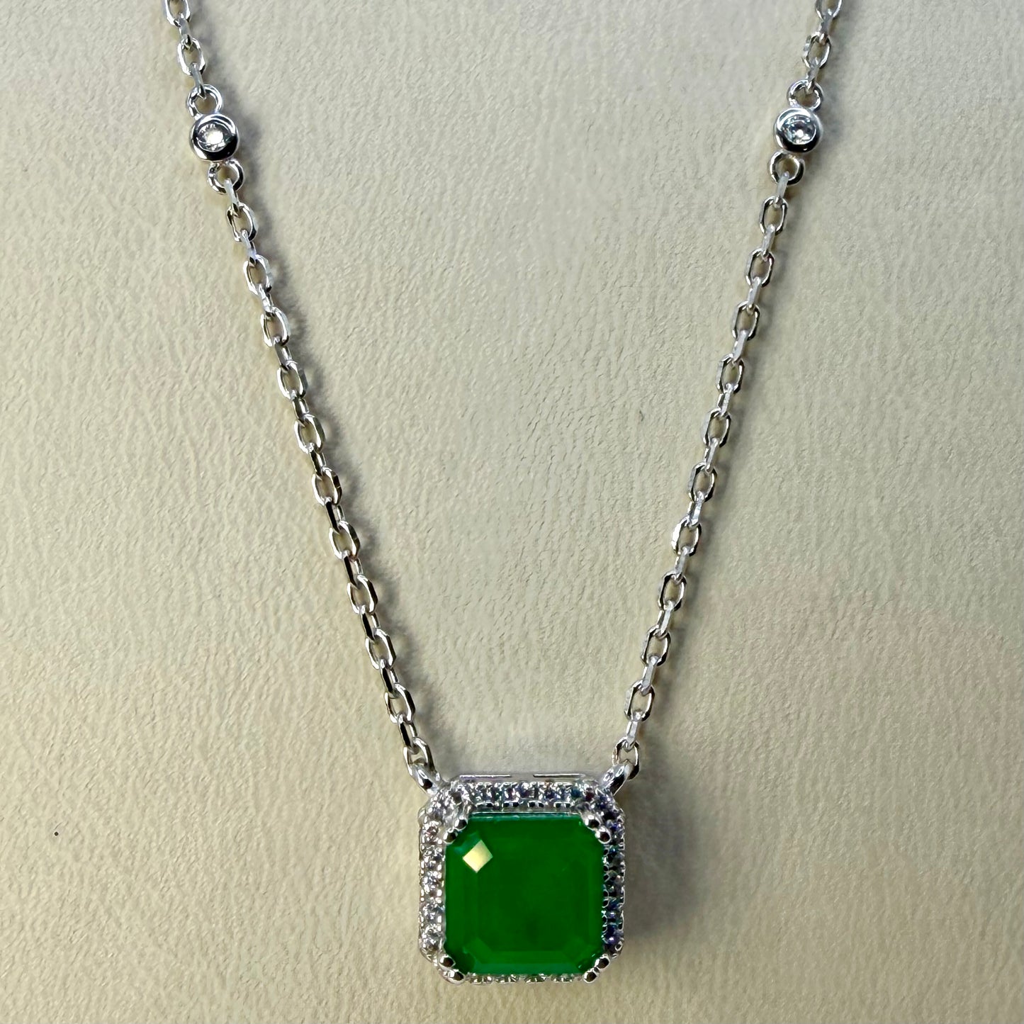 Lab-Created Emerald Square Chain with Zircons in Rhodium-Plated 925 Italian Silver