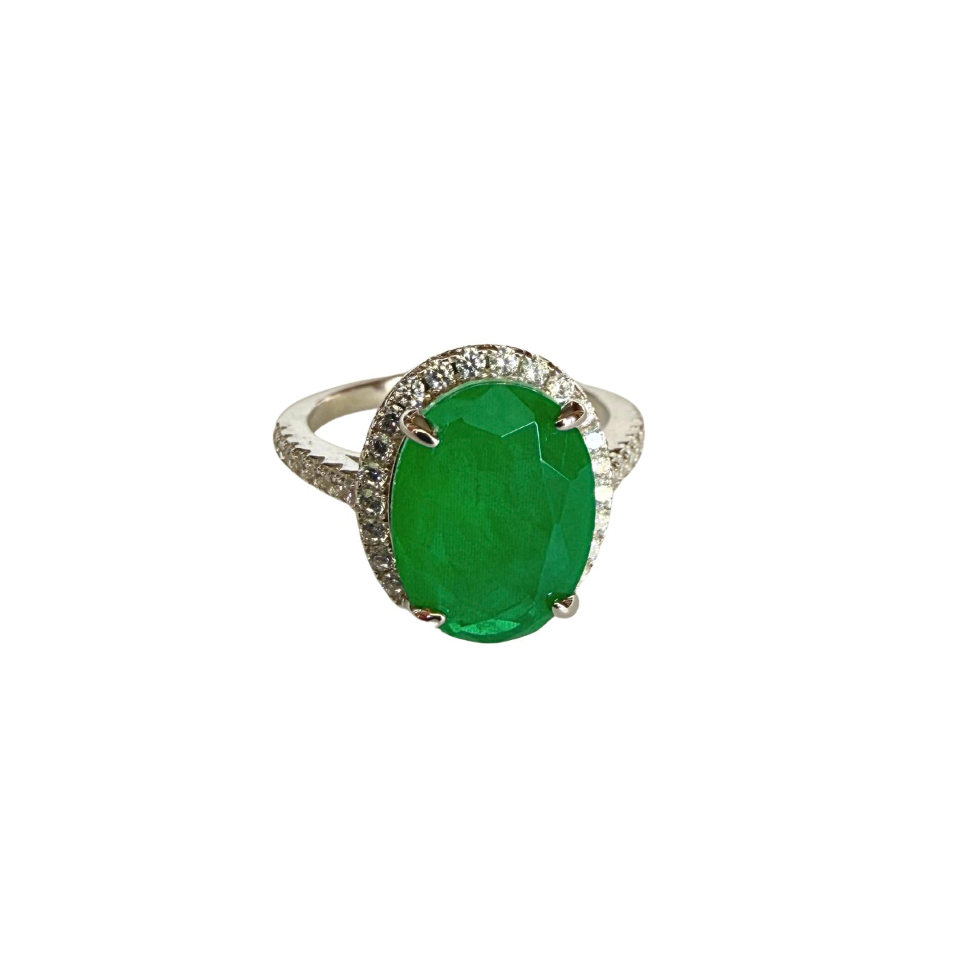 Oval lab emerald ring, Rhodium-plated 925 Silver, zircon bezel