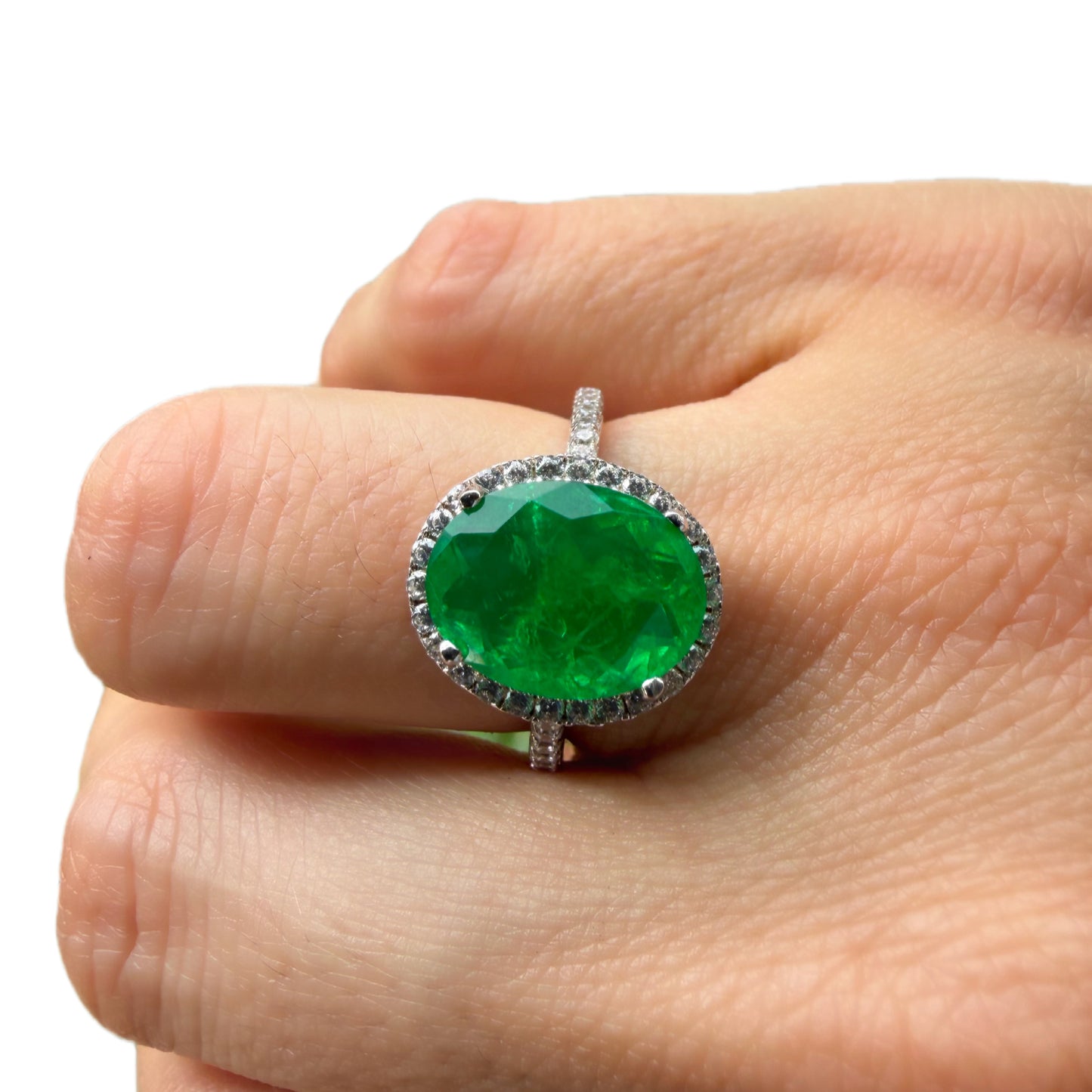 Oval lab emerald ring, Rhodium-plated 925 Silver, zircon bezel