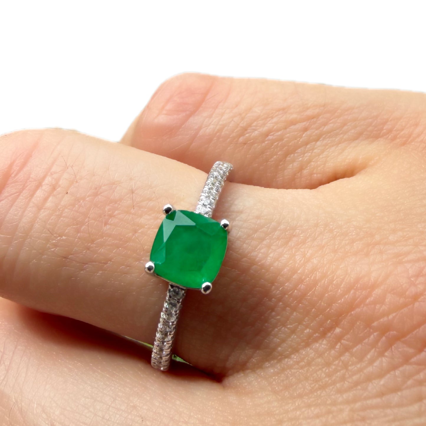 Sterling Silver 925 Rhodium Plated Square Lab Emerald Ring
