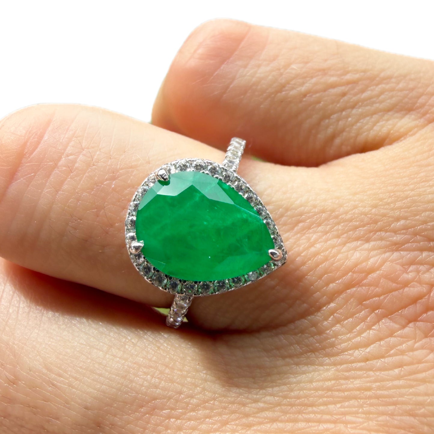 925 Sterling Silver Rhodium Plated Lab Emerald Teardrop Ring