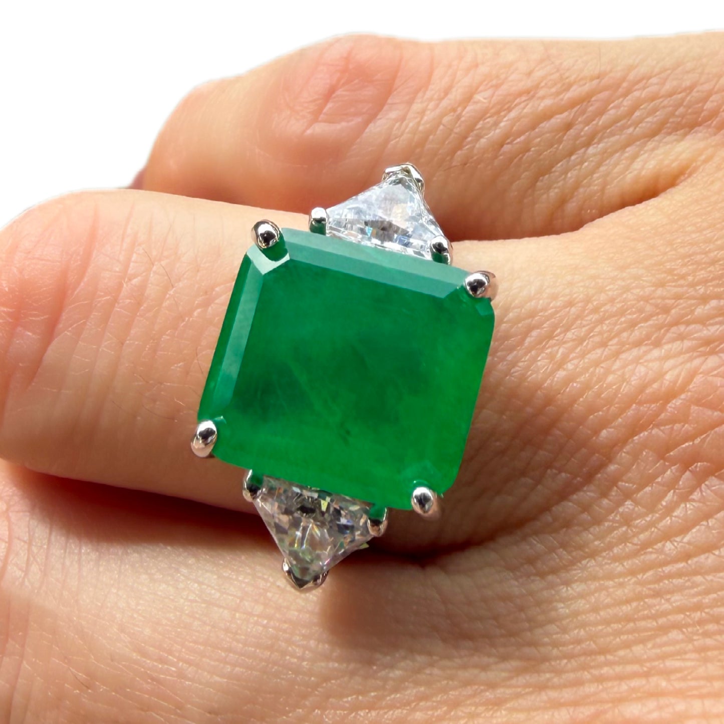 Rhodium-Plated 925 Sterling Silver Lab-Created Emerald Ring