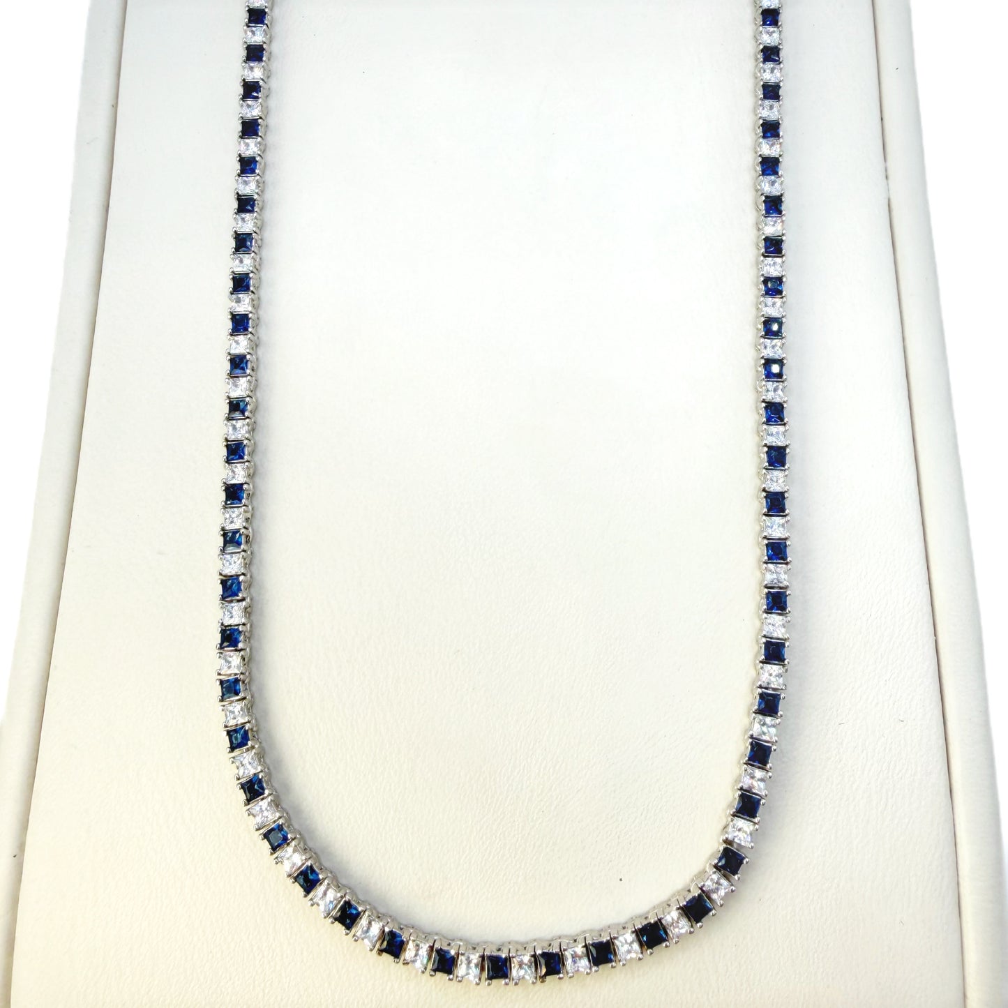 Rhodium-Plated 925 Sterling Silver Tennis Choker with White and Blue Cubic Zirconia