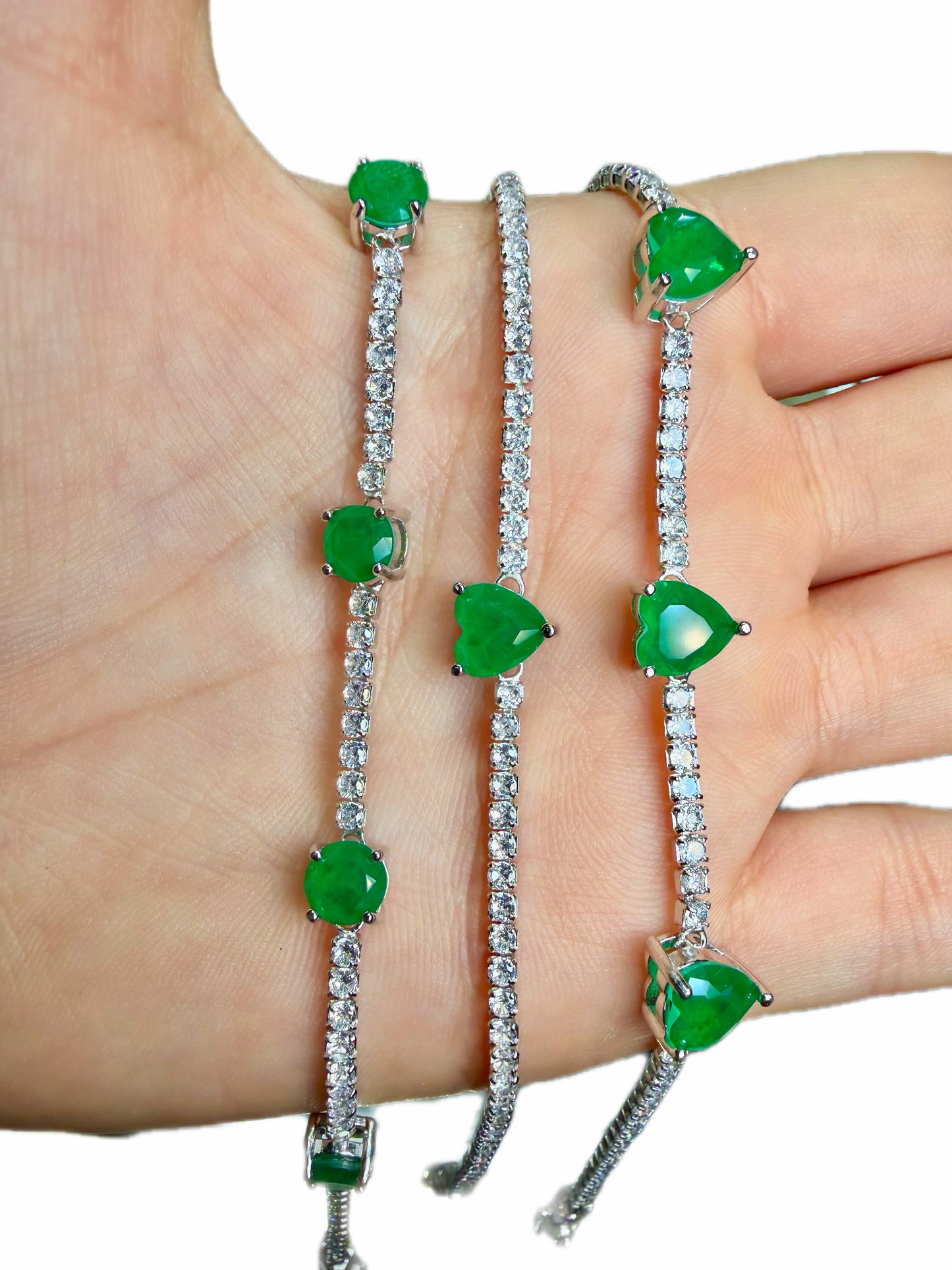 Pulsera Tennis Corazón en Esmeralda de Laboratorio – Plata 925 Rodinada
