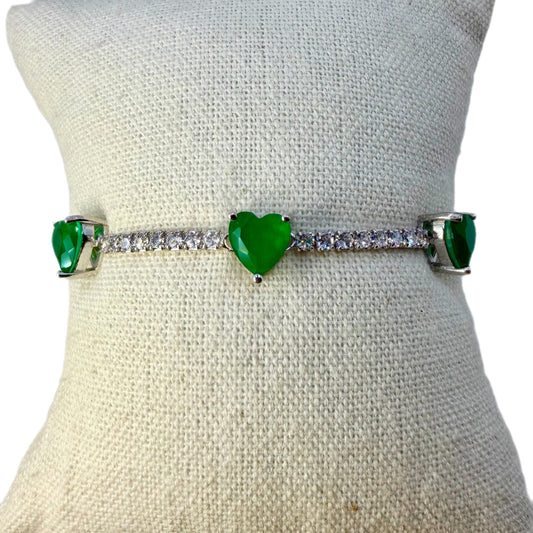 Pulsera Tennis Tres Corazones en Esmeralda de Laboratorio – Plata 925 Rodinada