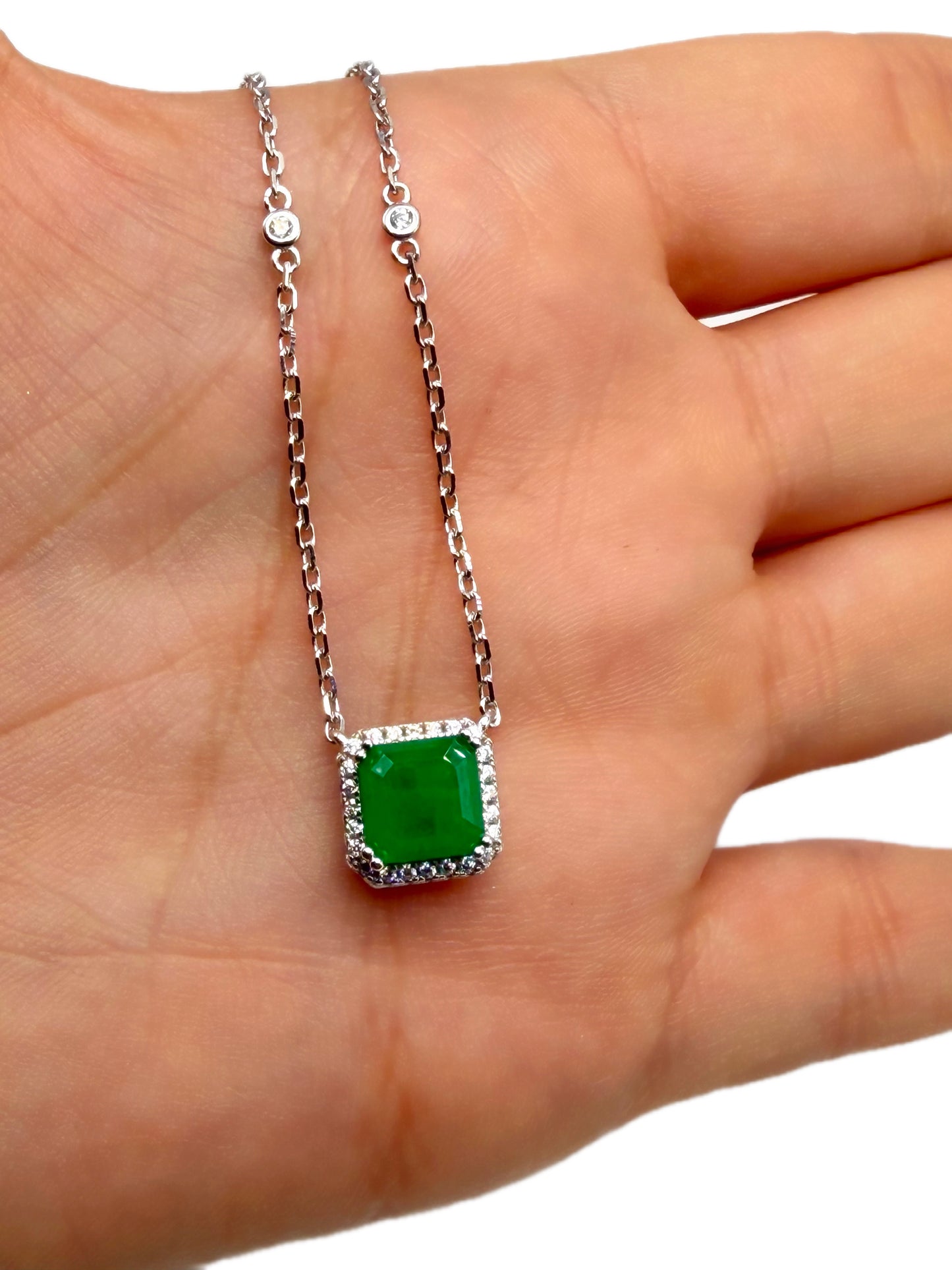 Lab-Created Emerald Square Chain with Zircons in Rhodium-Plated 925 Italian Silver