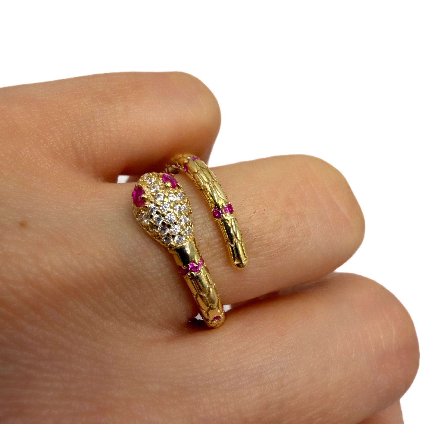Anillo Serpiente Plata 925 Enchape Oro 18kts Circones Rubi y Blancos