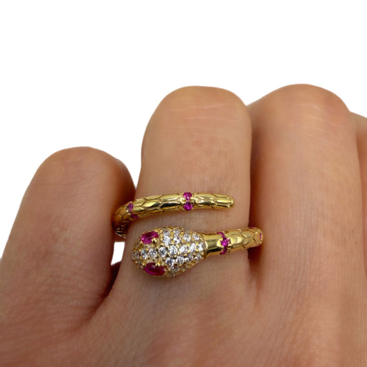 Anillo Serpiente Plata 925 Enchape Oro 18kts Circones Rubi y Blancos