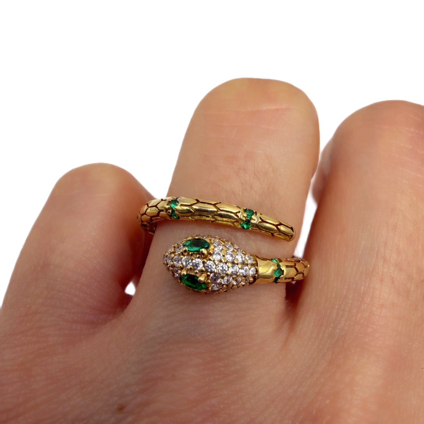 Anillo Serpiente Plata 925 Enchape Oro 18kts Circones Esmeralda y Blanco