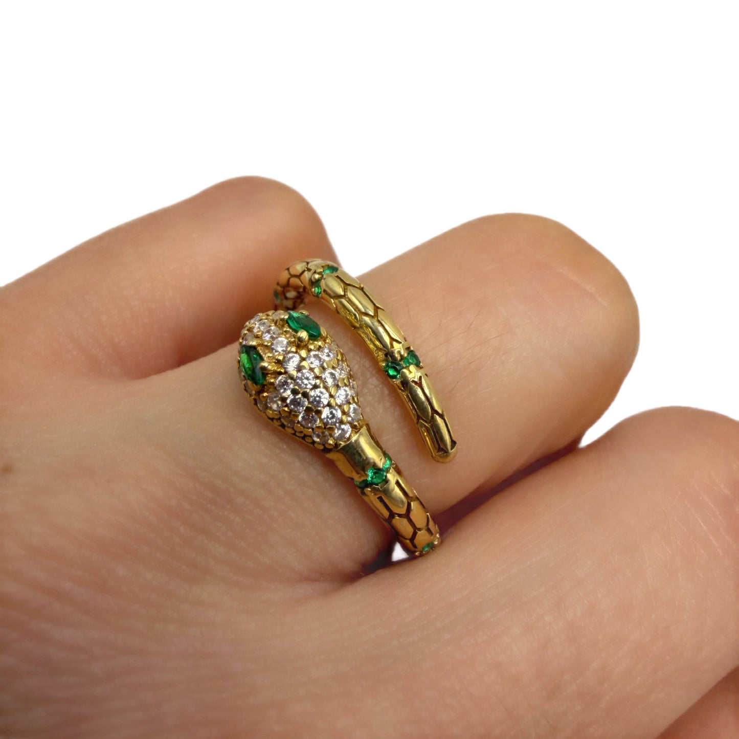 Anillo Serpiente Plata 925 Enchape Oro 18kts Circones Esmeralda y Blanco